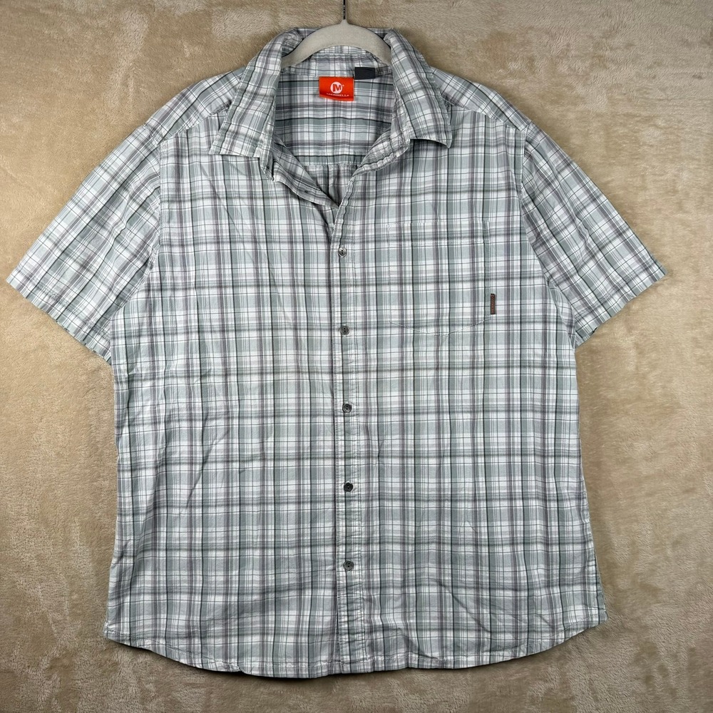 Merrell‎ Mens XL Plaid Short Sleeve Button Down Shirt Grey White 100% Cotton